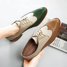 Новая весенняя кожаная обувь Bullock; женская обувь зеленого и коричневого цветов; повседневные туфли-оксфорды на плоской подошве; damen schuhe