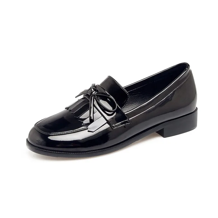 Tassel Bowknot Design Loafers Women Retro Round Toe Shoes Patent Leather Slip-on Women Oxford Causal Ladies Flats Working Shoes (2)