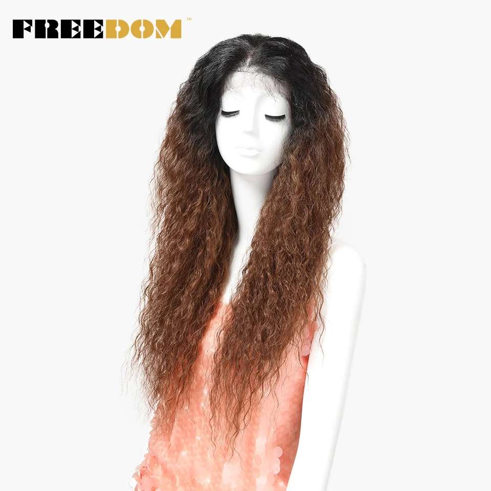 

FREEDOM Synthetic Lace Front Wig With Baby Hair Ombre Brown Afro Kinky Curly Wigs For Black Women 30inch Free Shipping