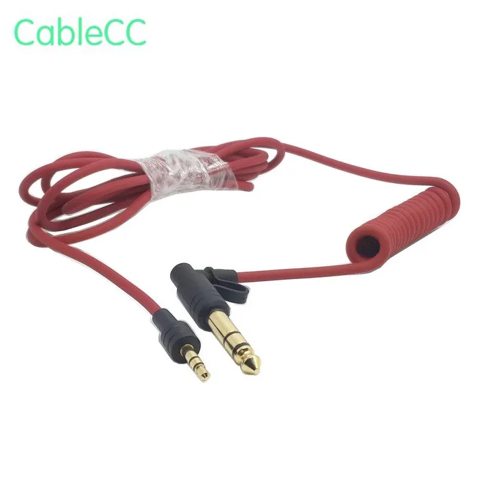 

90 degree right angled 3.5mm and 6.35mm (1/4 Inch) Stereo Audio Plug to 6.35mm (1/4 Inch) Stereo Plug Stretch Cable Red color