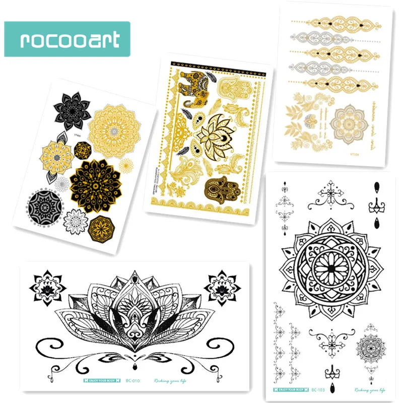 

5 sheets Beautiful Flash Black Mandala Flower Temporary Tattoos Popular Metallic Gold and Silver Henna Body Tattoo For Women