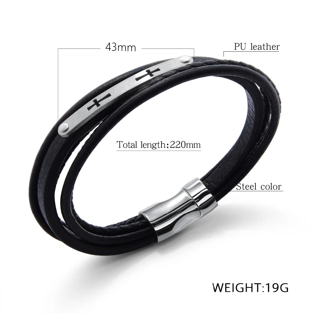 FATE LOVE New Male Men Statement Wrap Bracelets & Bangles Jewelry Black PU Leather Cross Wristlet Fashion Jewelry
