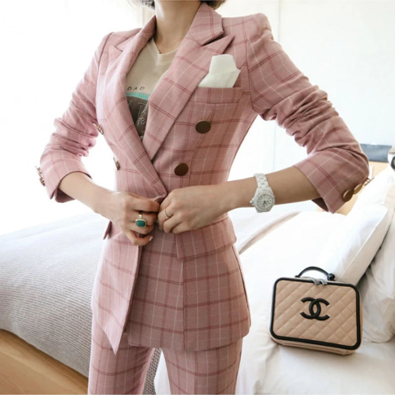 Women spring lattice Autumn Double Breasted Pink Long Jacket+Long Pant Suits Businness Work Wear Suits Two Piece/Set Office Suit