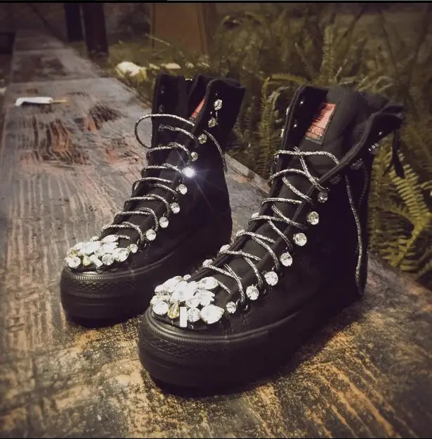 

Chic Women Motorcycle Ankle Boots Round Toe Denim Rhinestones Lace Up Flat Platform Shoes Casual Plush Lining Warm G90