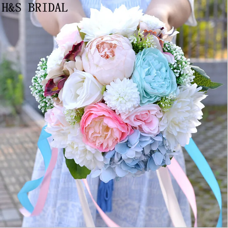 2607 5 De Réduction2019 Belle Mariée Colorée Demoiselle Dhonneur Fleur Mariage Bouquet Fleur Artificielle Rose Bouquets De Mariée In Bouquets De