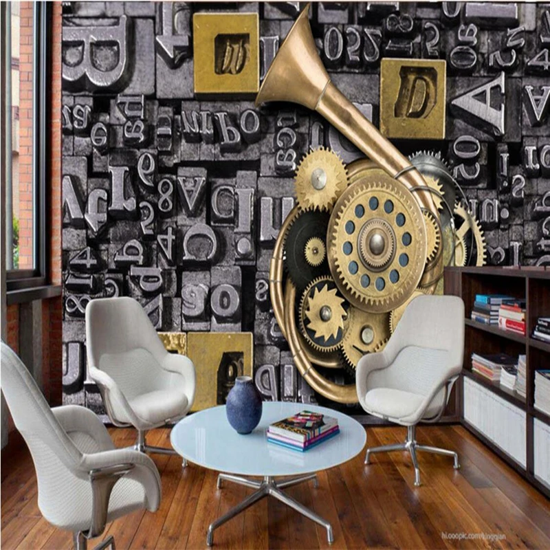 Custom Photo Wallpaper Large 3D Fresco Wall Sticker LOFT Style Metal Letter Gear Background Wall papel de parede