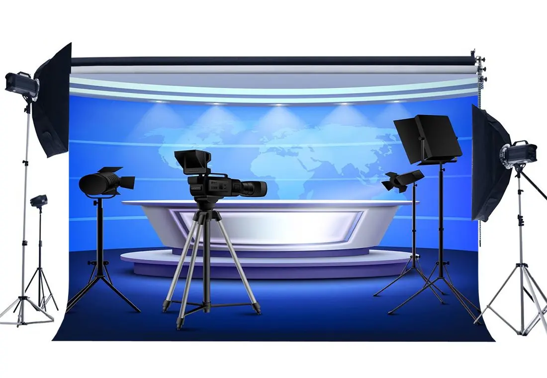 

Live News Room Backdrop Direct Broadcasting Room Backdrops Shining Stage Lights Shabby Carpet Interior Photography Background