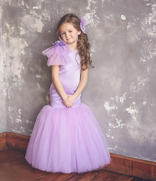 

Cute sexy purple lavender mermaid baby girl birthday party dress with puffy tulle flowers open back kids pageant prom dresses