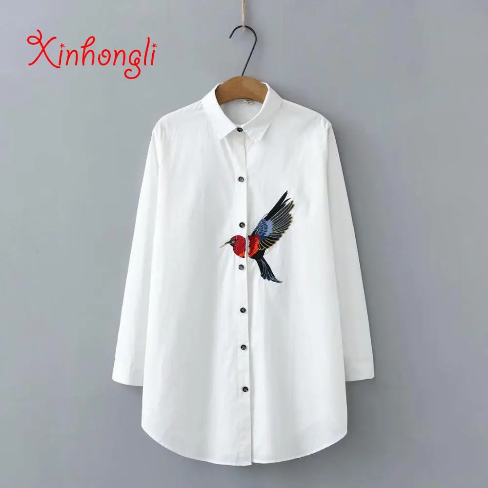 Plus size bird Embroidery women loose blouse spring autumn casual ladies cotton white shirts female tops - Цвет: Белый