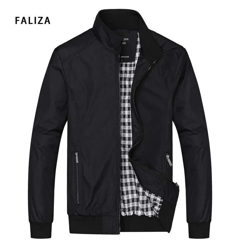 

FALIZA 2019 Autumn Spring Mens Bomber Jackets Casual Coats Solid Color Slim Fit Male Bomber Jacket Mens Brand Clothing 6XL JK124