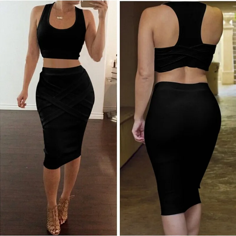 2016 Fashion Women Summer Sets 2 Pieces Club Dress Set Female O Neck Crop Tops & Skirt New Sexy Strapless Women\'s Clothes Suit (1)