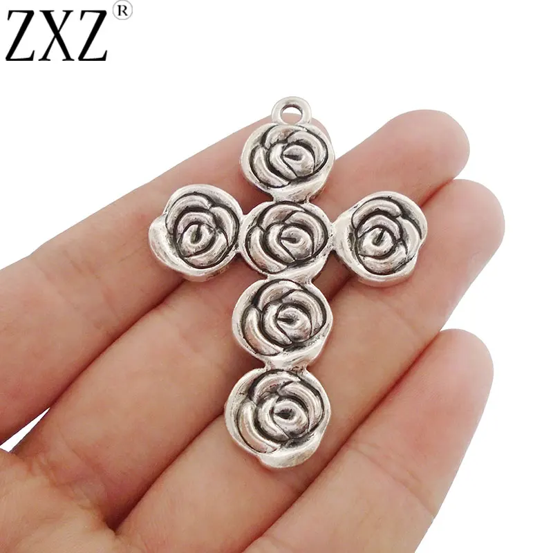

ZXZ 5pcs Antique Silver Tone Large Rose Flower Religious Cross Crucifix Charms Pendants for Necklace Jewelry Making Findings