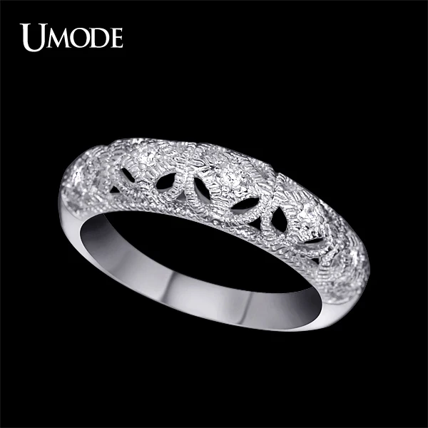 

UMODE White Gold Color Top Grade Tiny Cubic Zirconia Carve Craft Filigree Band Rings for Women UR0129