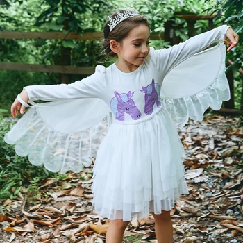 

2018 Girl Full Sleeves dress baby kids unicorn dresses Removable Angel Wings dresses white Pink clothes swan dress Party garment