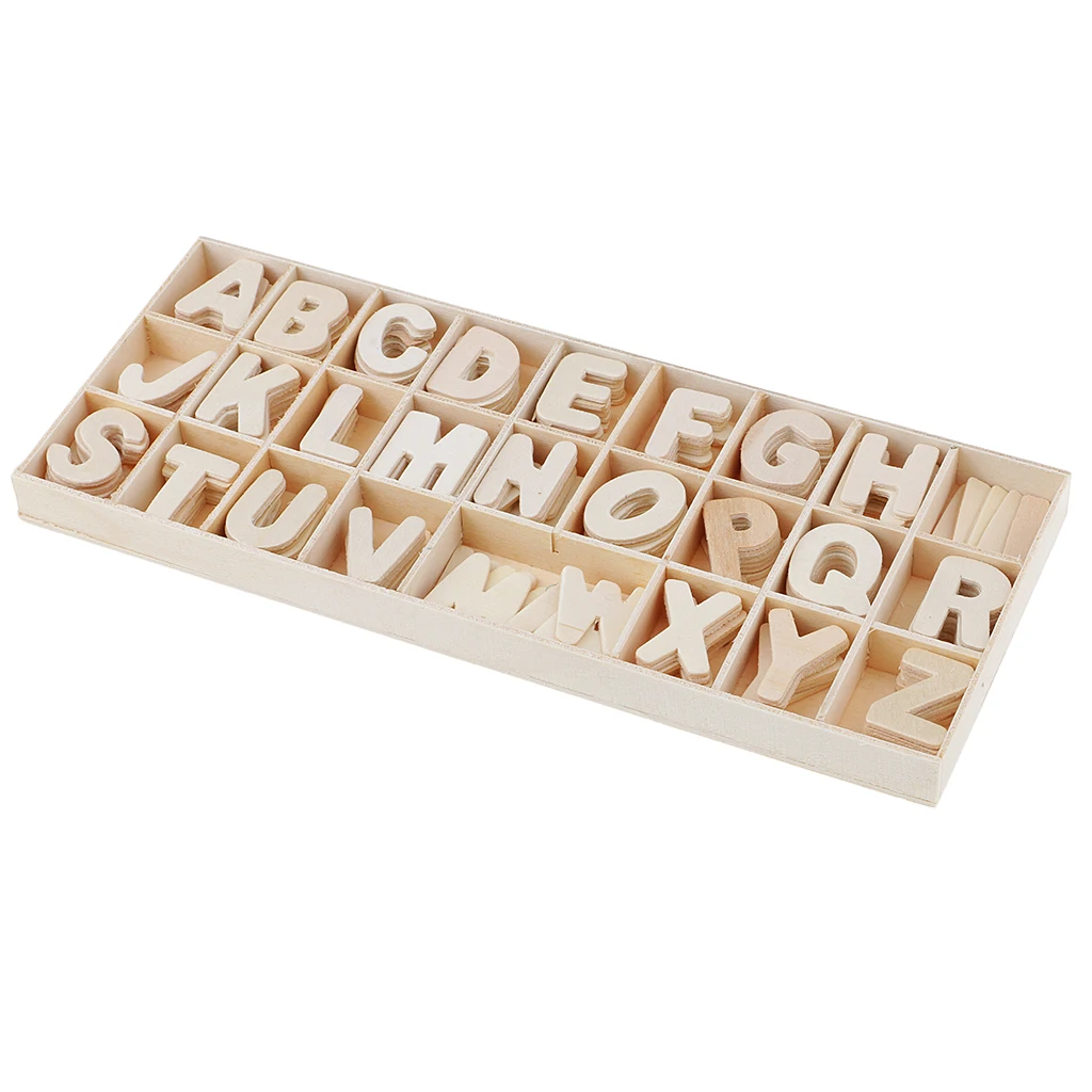 156 Pieces/Set Wooden Letters - Wooden Craft Alphabet with Storage Tray - Unpainted Wood Upper Case Kids Learning Toy,
