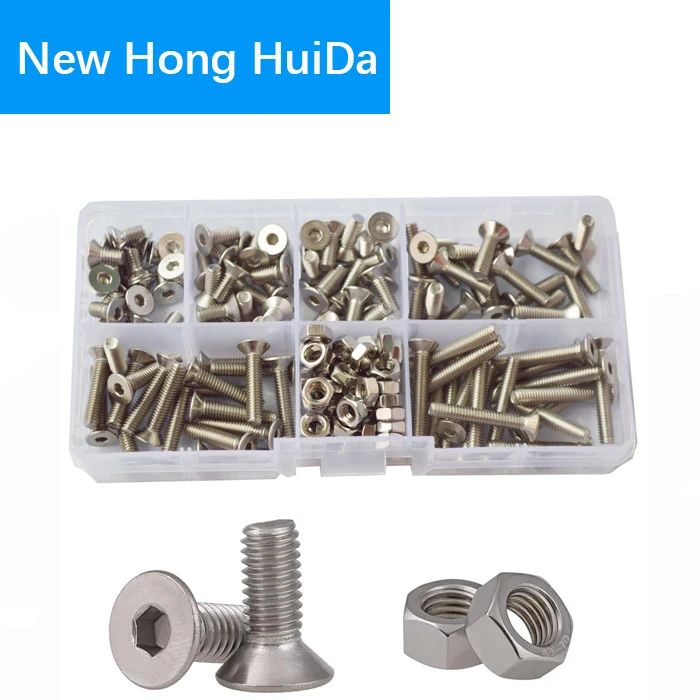 

M4 Hex Flat Socket Head Cap Screws Metric Thread Hexagon Countersunk Bolts Nuts Assortment Kit Set 180pcs 304Stainless Steel