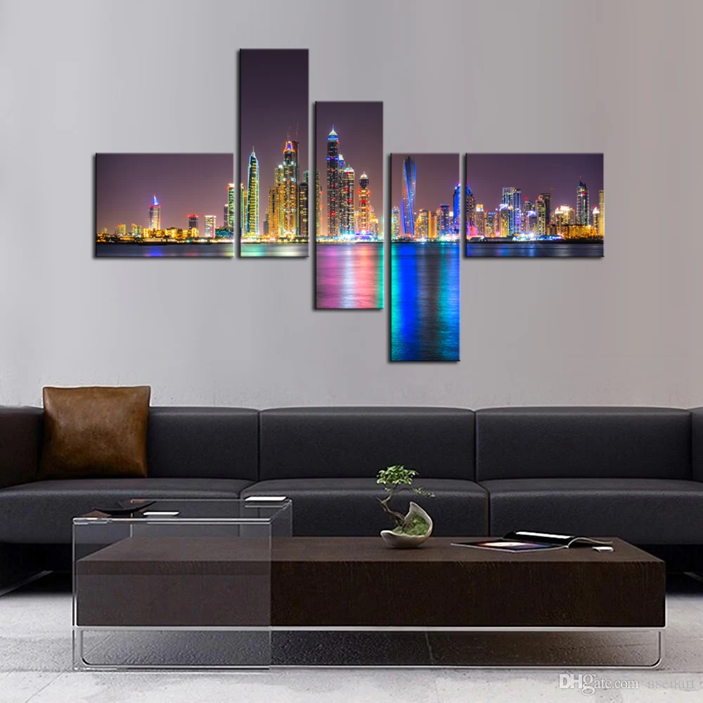 5 Panel Urban Nightscape Wall Art Painting Modern Architecture HD