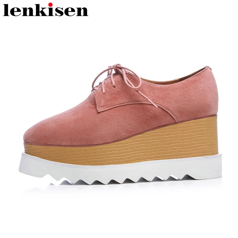 

Lenkisen 2018 new arrival square toe lace up platform brand causal shoes wedges concise high heels preppy style women pumps L18