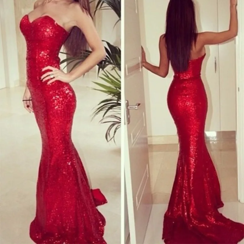 

Sexy Mermaid Red Prom Dresses 2019 Sweetheart Off Shoulder Sequin Backless Sweep Train New Arrival Sparkly Dresses