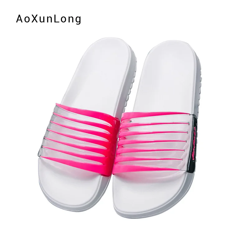 

Summer New Women Bathroom Slippers Fashion Transparent Striped Plastic Snadals Soft Sole Home Indoor Non-skid Couple Slippers