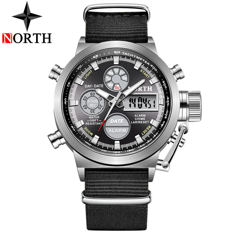 NL Black Silver NORTH спортивные часы мужские военные кварцевые часы для мужчин аналоговые светодиодные цифровые кожаные нейлоновые мужские часы повседневные водонепроницаемые наручные часы - Цвет: NL Black Silver