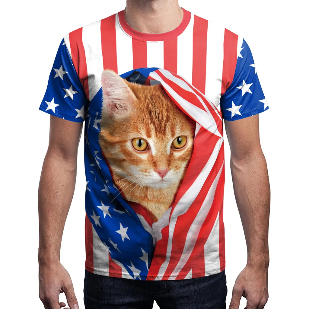 

2019 New USA Flag T-shirt Men Sexy 3d Print Short Sleeve Striped Cute Cat Tops