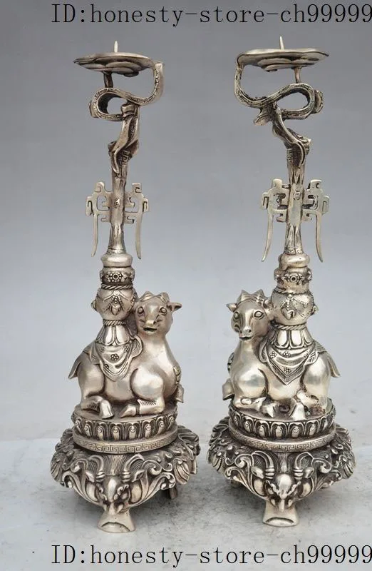 

Crafts statue Chinese palace silver Sheep Lion Head beast Candlesticks Holder Statue Pair halloween