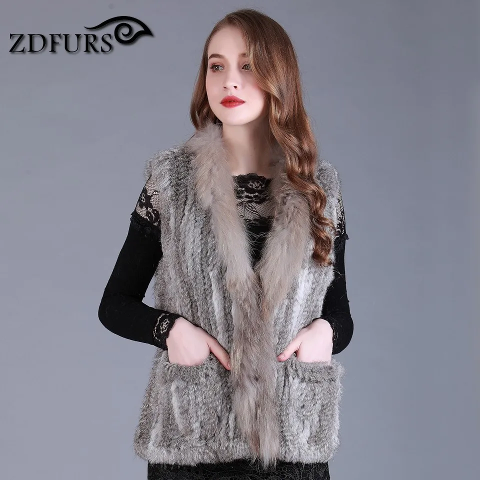 ZDFURS * Frete grátis mulheres natural real coelho colete de pele com gola de pele de guaxinim colete/casacos de Pele De Coelho Malha Gilet