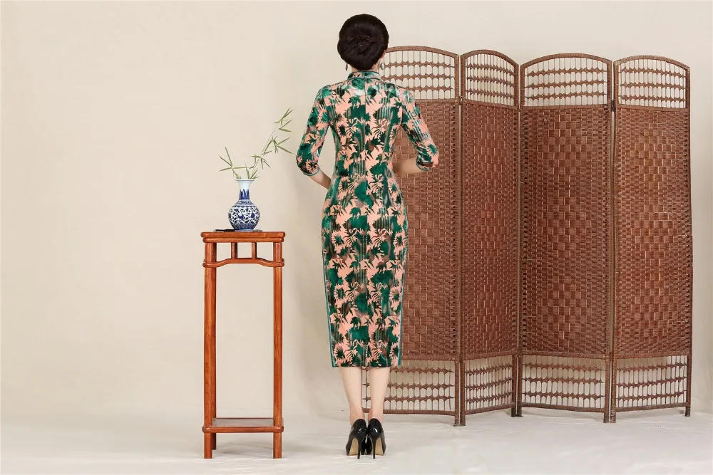 История Шанхай 3/4 с длинным рукавом Cheongsam бархат Винтаж Qipao Oriental платье китайское традиционное платье для Для женщин