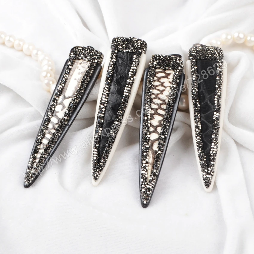 

BOROSA Crystal Rhinestone Long Triangle Ox Bone With Snake Skin Paved Gun Black Zircons Pendant JAB491