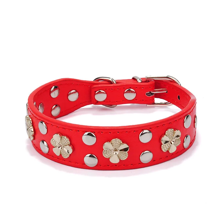 Ошейник для собак с цветочными заклепками ошейники из искусственной кожи - Цвет: Красный