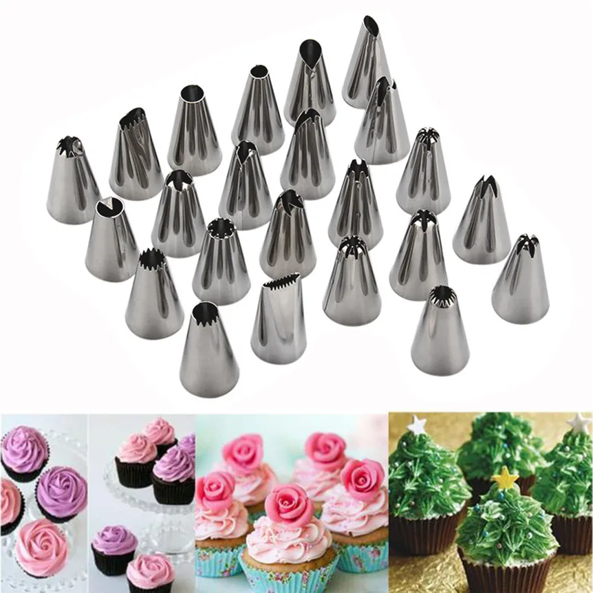 

Creative Cake Piping Nozzles Cake Decorating Mouth Pastry Flower Tips Cream Icing Device Silver 24pcs/Set Style Random