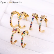 10 пар, 18 мм, блестящие дизайн украшения для женщин леди Gold filled красочные несколько окружностей со звездой форма гвоздики Радуга cz серьги