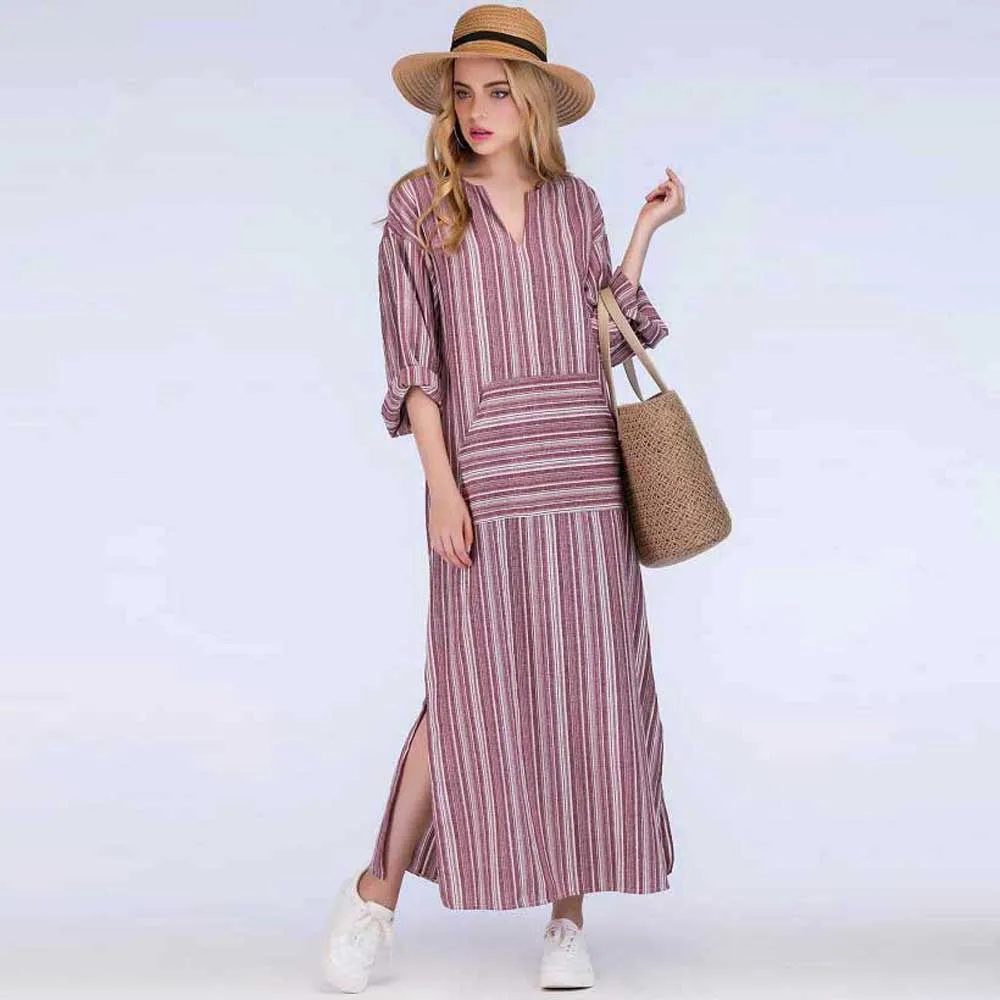 Vestidos verano 2018 Для женщин летнее платье в богемном стиле полоску с длинными рукавами