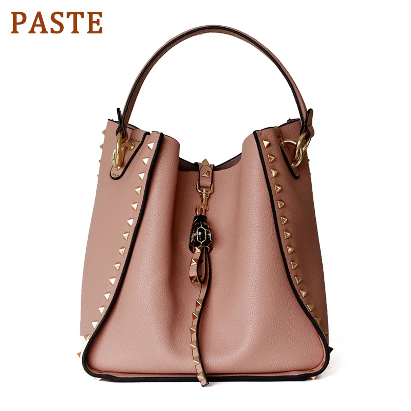 

2019 Famous Brand Women's Bucket Bag Luxury Designer Rivet Ladies Handbags Genuine Leather Female Shoulder Bag Vintage Tote Bag