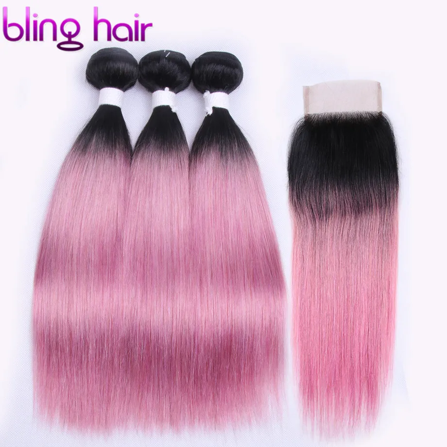 

Bling Hair Pre Colored Straight Hair Bundles Human Hair Bundles with Closure 4*4 Free Part Brazilian Hair 1b/pink Ombre Color