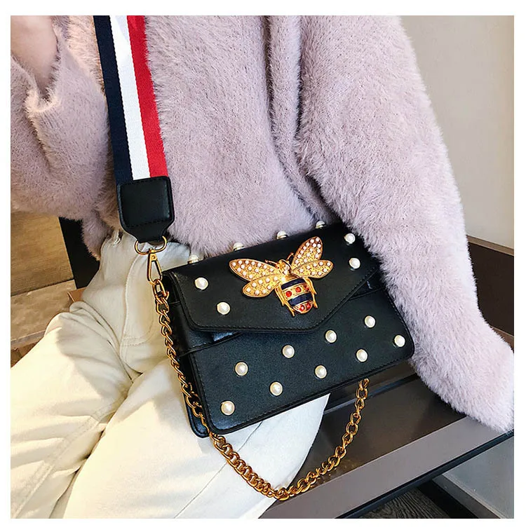 Women's Pearl Bee Leather Handbags Crossbody Bags for Women 2018 Italian Style Luxury Chain Clutch Designer Female Shoulder Bag (15)