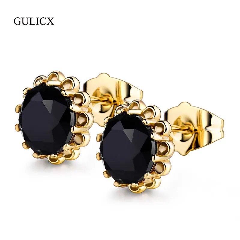 

New 2017 Gold-color Stud Earring CZ Vintage Black Stones Big Crystal Stud Earrings for Women Fashion Flower Jewelry E018b