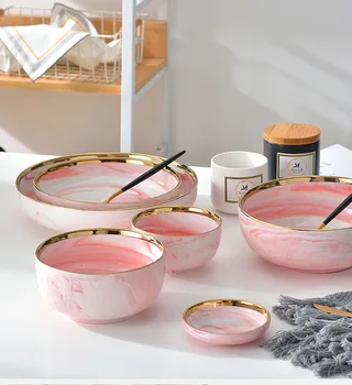 

1pc Pink Marble Ceramic Dinner Dish Plate Rice Noodles Salad Bowl Soup Plates fruit Dinnerware Sets Home Tableware Kitchen Cook