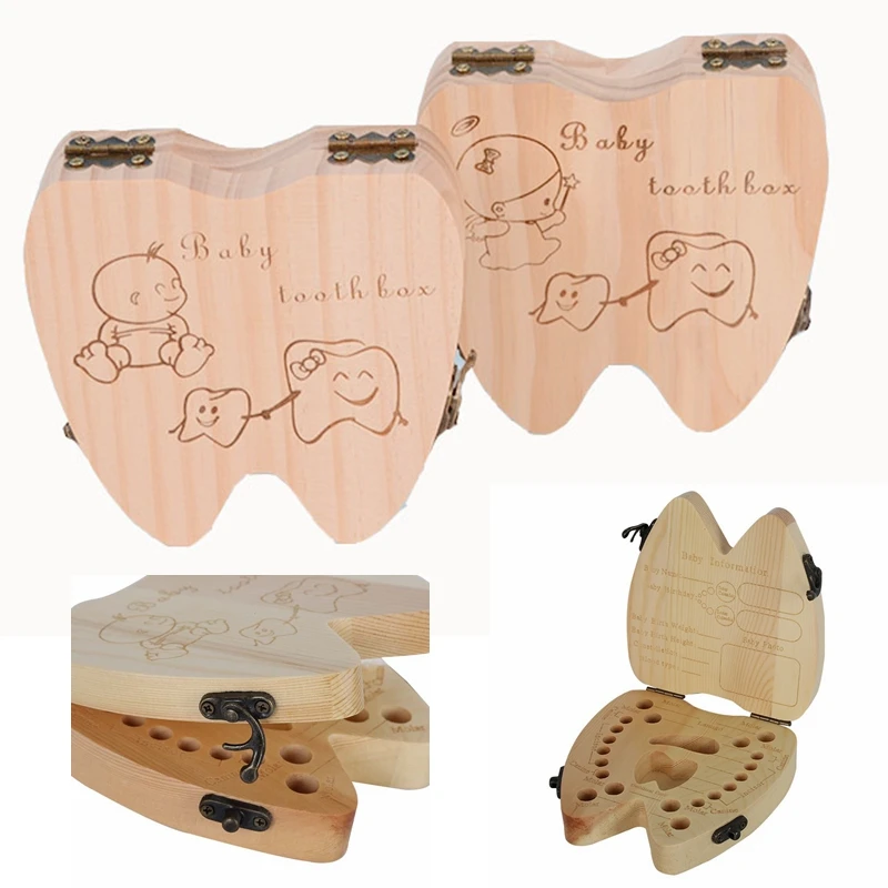 Anglais dent forme bébé bois dent boîte de rangement enfants lait dents sauver étui souvenirs boîte enfants Teethbox garçon fille porte-dent