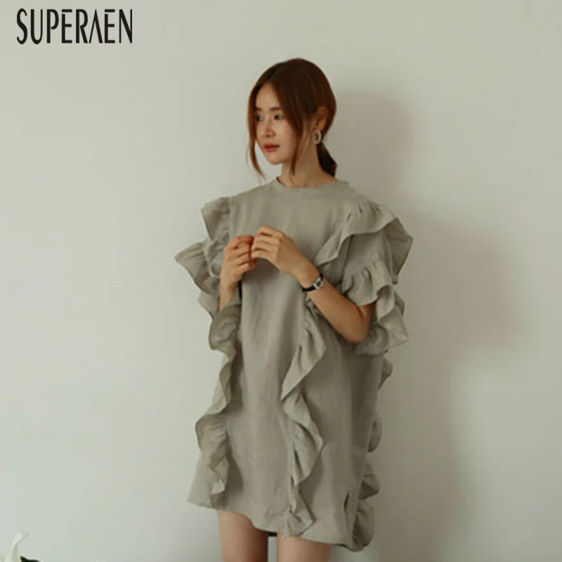 

SuperAen 2019 Summer New Women Dress Korean Style Loose Pluz Size Ladies Dress Short Sleeve Cotton and Linen Women Clothing