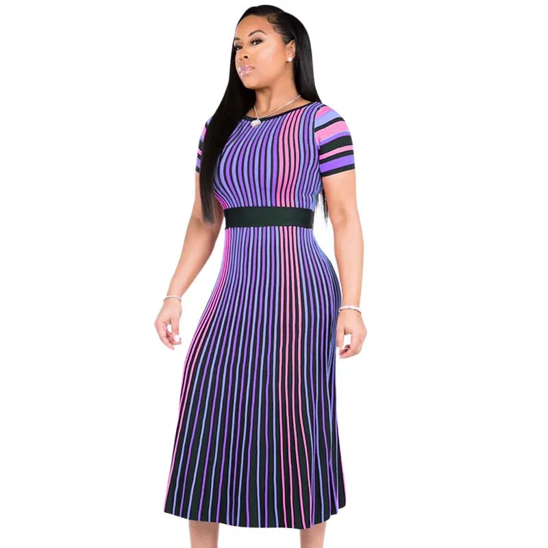 

African Clothes Striped Dress Women O-Neck Short Sleeve High Waist Maxi Bandage Long Dress Bodycon Sundress Robe Holiday Party