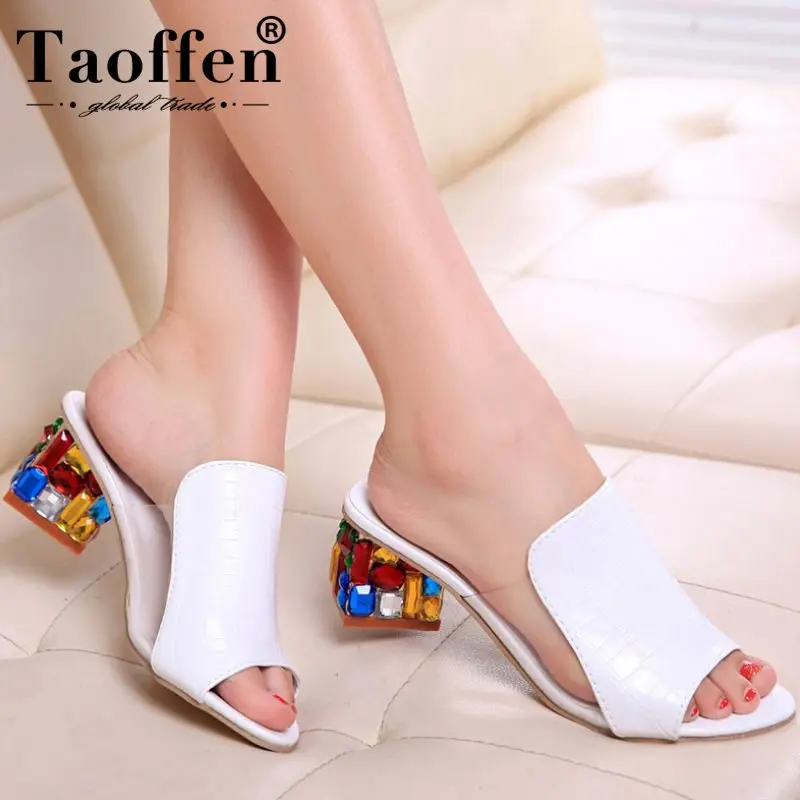 

TAOFFEN Brand Large Sizes 34-41 Colorful Rhinestone Crystals Heels Peep Toe Summer Women'S Shoes Woman Sandals Slippers