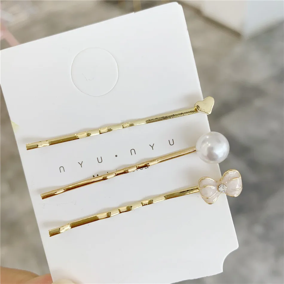 

3Pcs/Set Imitation Pearl Hair Clip Pins for Women Simple Golden Color Metal Hairpin Barrette Head Tiara Jewelry Accessories