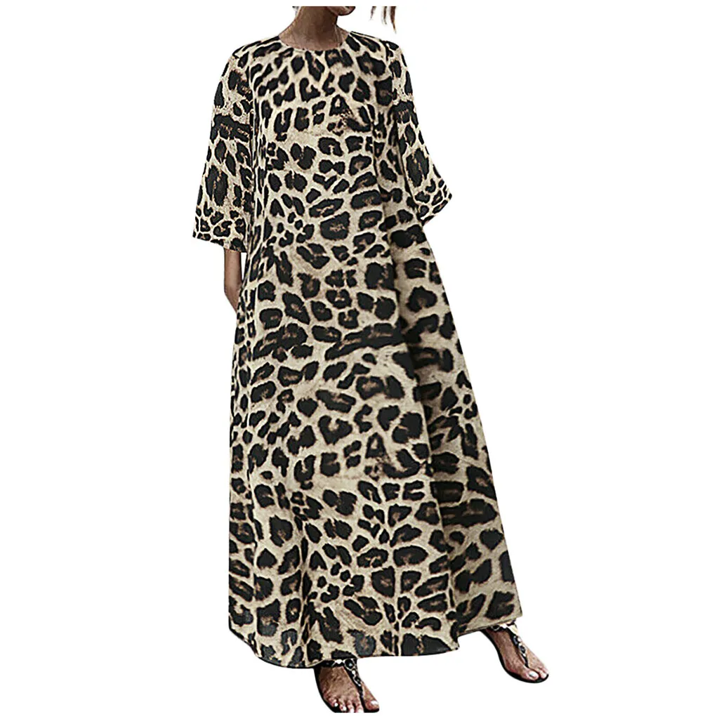Modis Long Leopard Dresses Woman Party Night  Womens O-Neck Casual Loose Vintage Short Sleeve Maxi Holiday Party Dresses #B