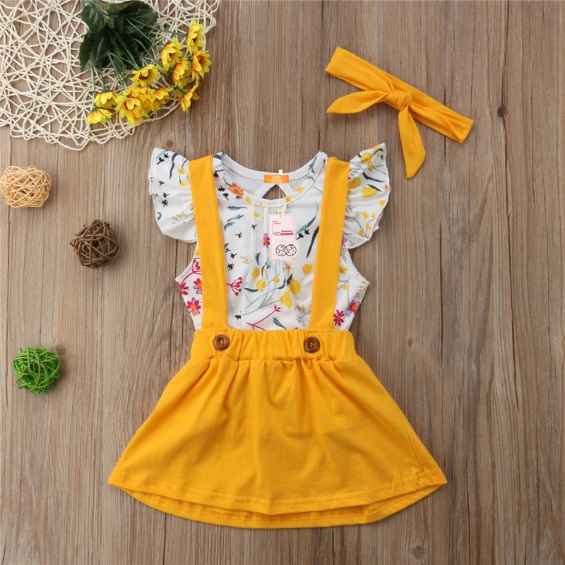 طفلة ملابس الصيف طفل أطفال الملابس يطير كم t-shirt أعلى أصفر حمالة حزب تنورة تتسابق فتاة العصابة
