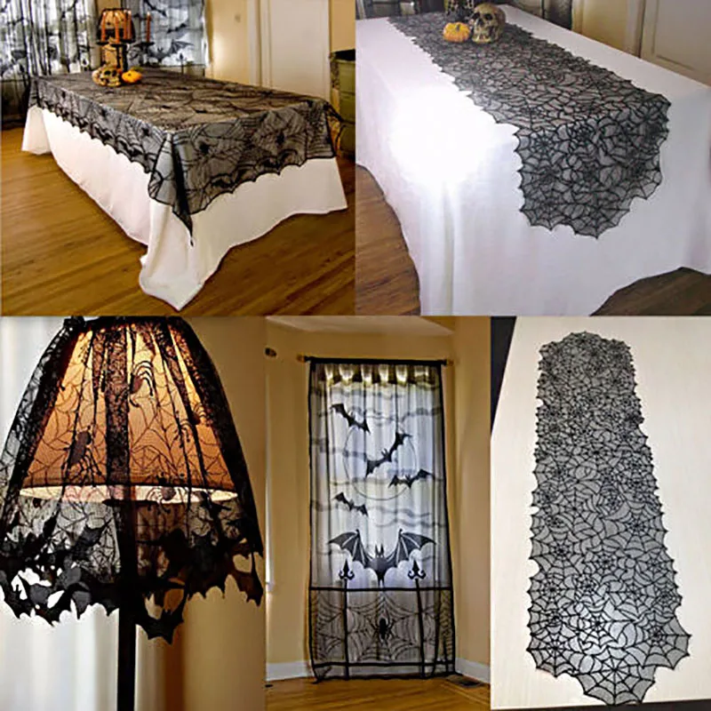 

2019 Halloween Party Decoration Horror Black Lace Spiderweb Tablecloth Halloween Fireplace Cover Decor Supplies For Home Bat