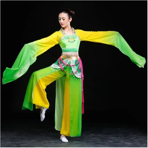 

(0140) Chinese Classical dance clothes hanfu ancient costume fairy set yellow green long Sleeves water sleeves flying clothes