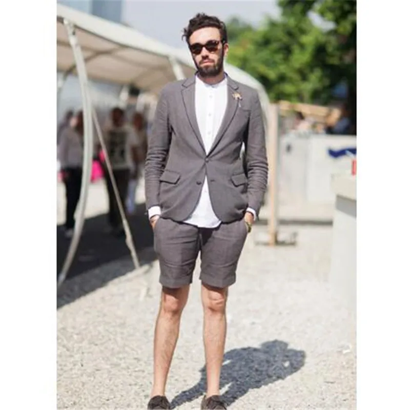 

New Custom Made Grey Linen Summer Suit With Short Pant For Men 2pieces(Jacket+Pants) Latest Coat Pant Designs Groom Blazer