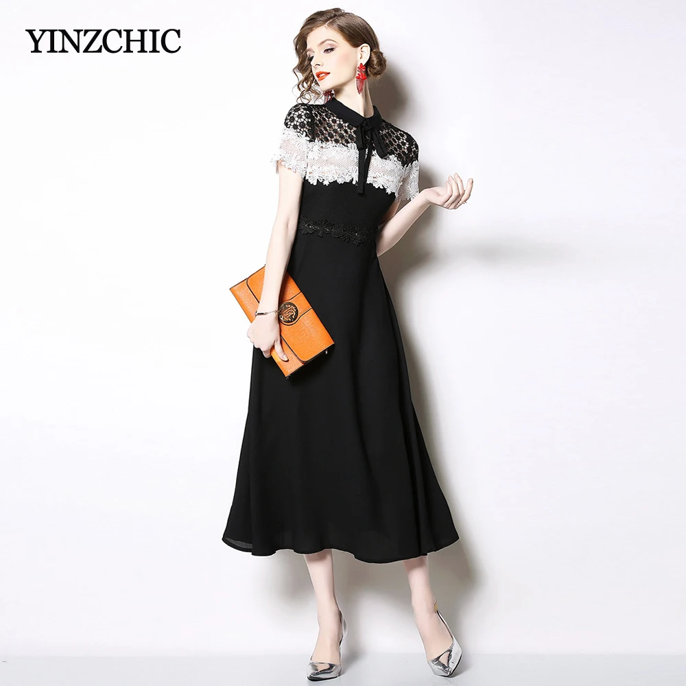 

New Womans Spring Dress Chiffon Patched Lace Party Dresses Women Slim A-line Elegant Ladies Dresses Woman Midi Dress Summer